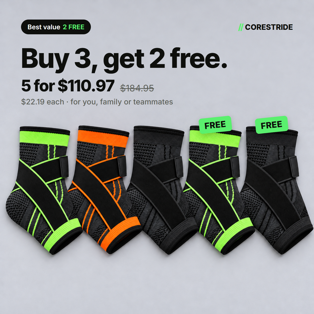 Buy 3, get 2 free: five Corestride ankle sleeves, two tagged free