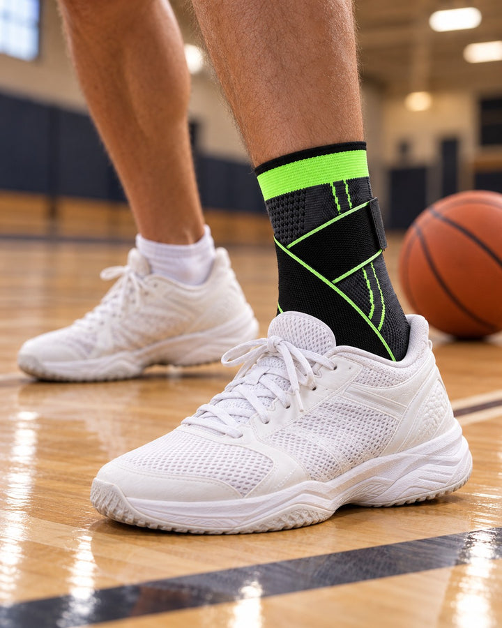 Green Corestride ankle sleeve worn with white sneakers on an indoor basketball court