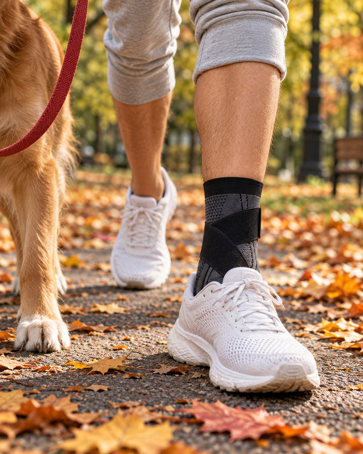 Black Corestride ankle sleeve on an autumn walk in the park with a dog