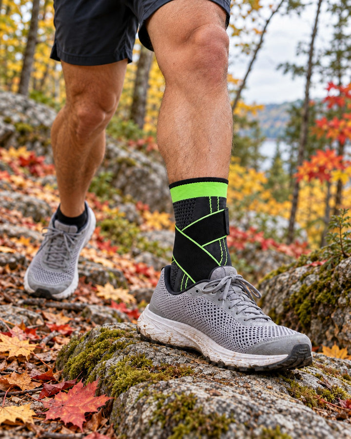 Green Corestride ankle sleeve on a rocky autumn forest trail in Quebec