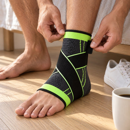 Hands fastening the strap tab of the green Corestride ankle sleeve at home: open toe, covered heel, figure-8 strap