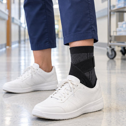 Black Corestride ankle sleeve worn with scrubs and white sneakers during a long hospital shift