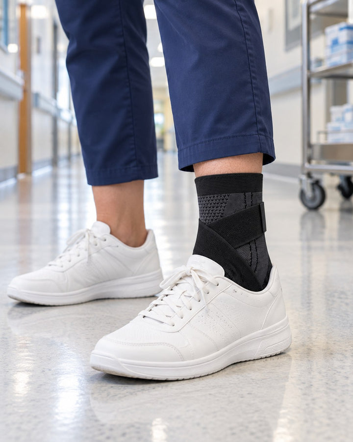 Black Corestride ankle sleeve worn with scrubs and white sneakers during a hospital shift