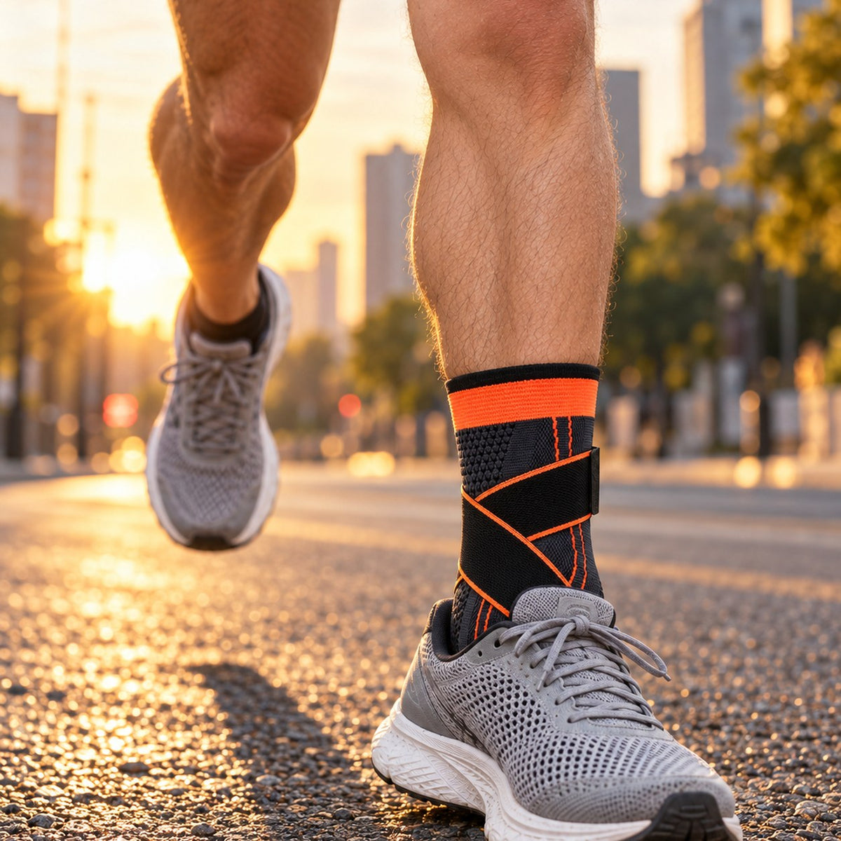 Orange Corestride ankle sleeve on a runner's ankle during a sunrise city run