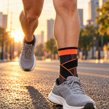 Orange Corestride ankle sleeve on a runner's ankle during a sunrise city run