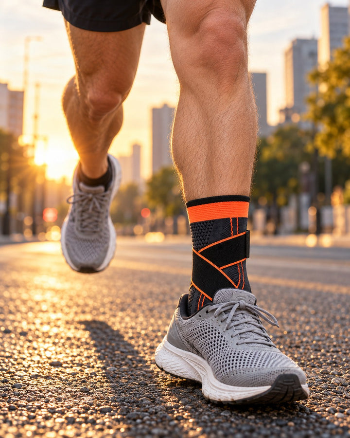 Orange Corestride ankle sleeve on a runner's ankle during a sunrise city run
