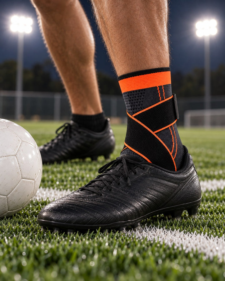 Orange Corestride ankle sleeve with black soccer cleats on turf under floodlights