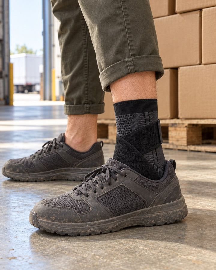 Black Corestride ankle sleeve with work pants and work sneakers on a warehouse floor
