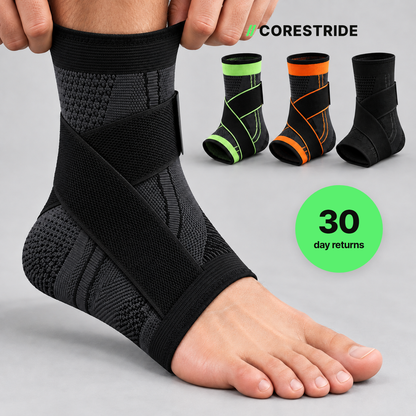 Corestride adjustable figure-8 ankle sleeve in black being pulled on, with green, orange and black colors and 30-day returns
