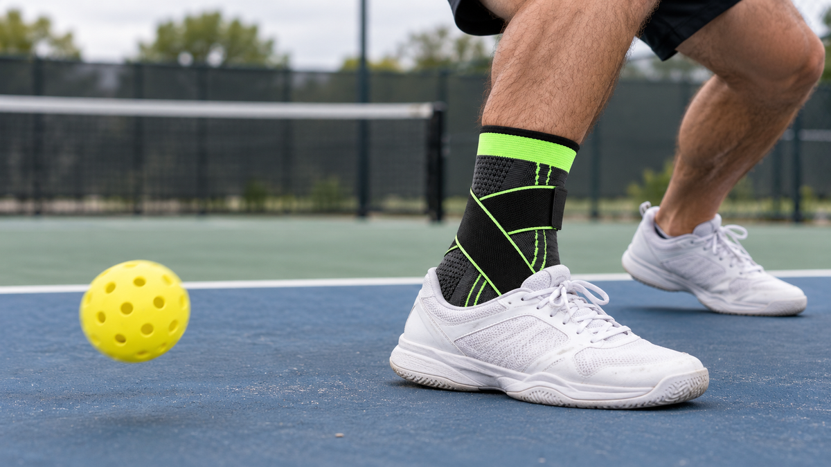 Green Corestride ankle sleeve on a pickleball court