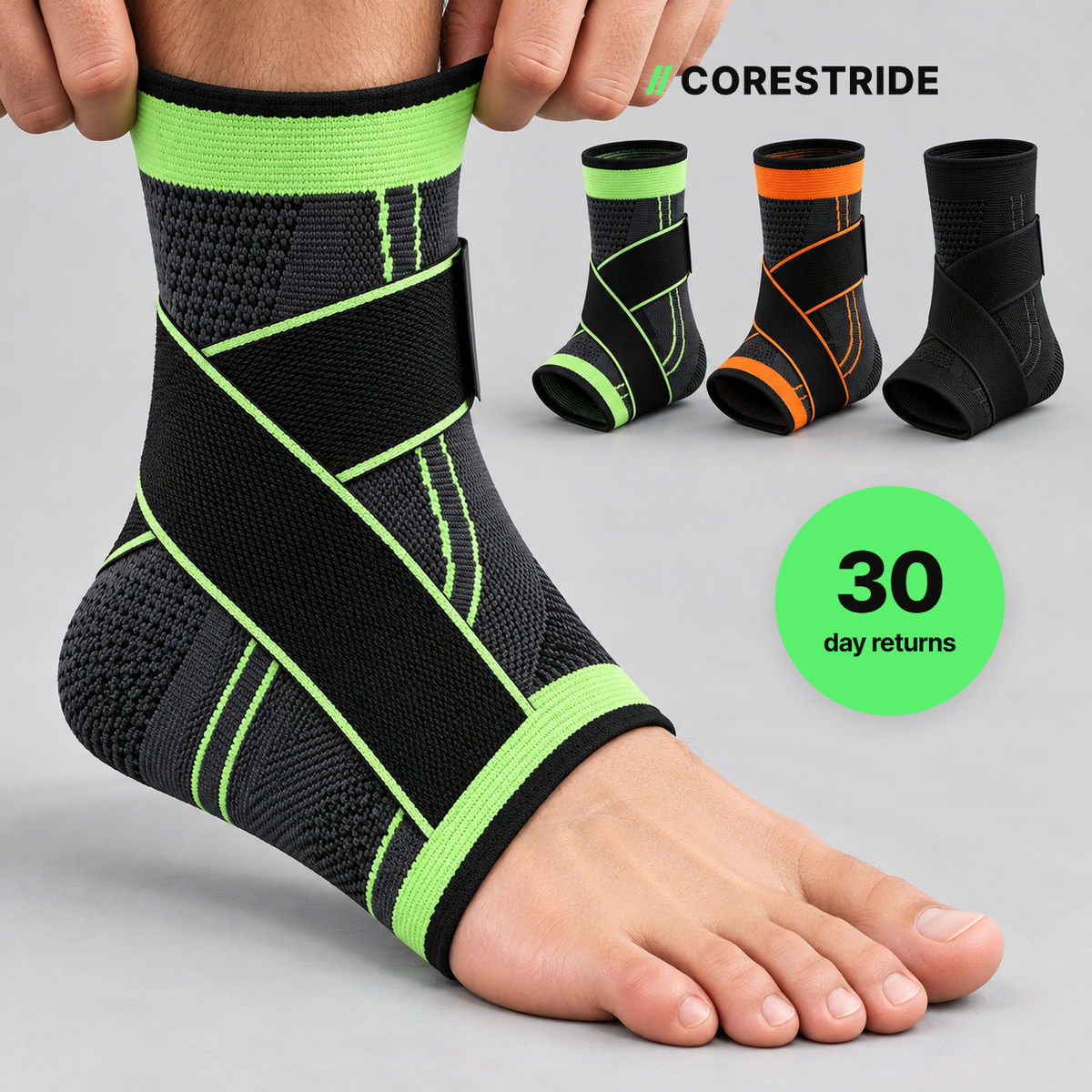 Corestride adjustable figure-8 ankle sleeve in green being pulled on, with green, orange and black colors and 30-day returns