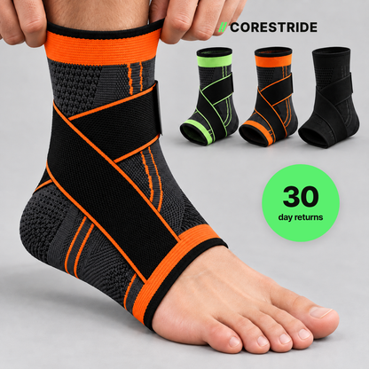 Corestride adjustable figure-8 ankle sleeve in orange being pulled on, with green, orange and black colors and 30-day returns