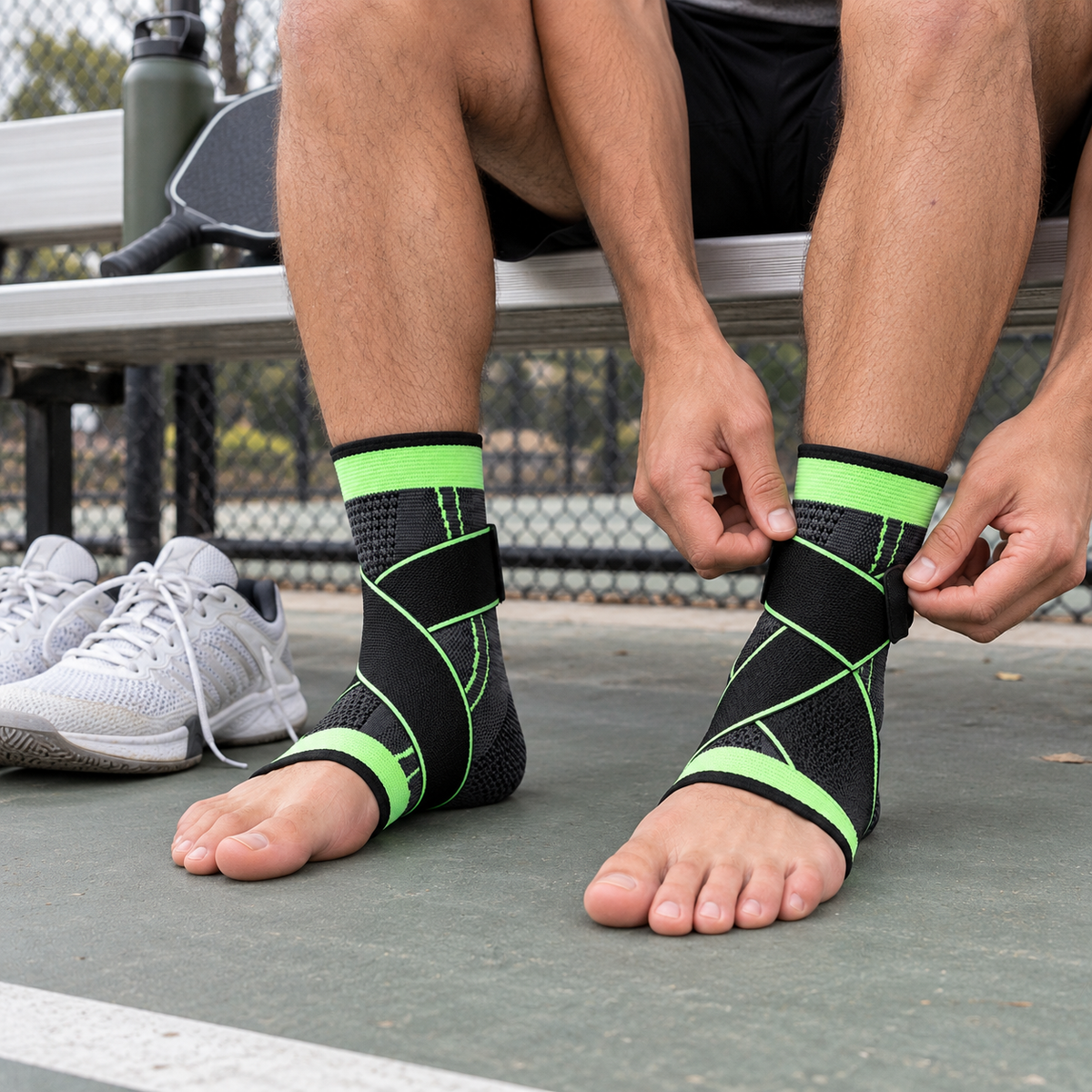 Player on a courtside bench wearing a green Corestride sleeve on each ankle, fastening the strap