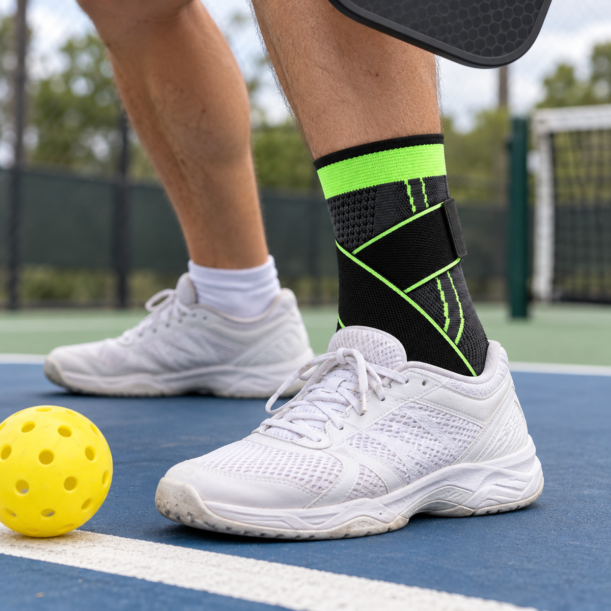Pickleball player wearing the green Corestride figure-8 ankle sleeve with white court shoes