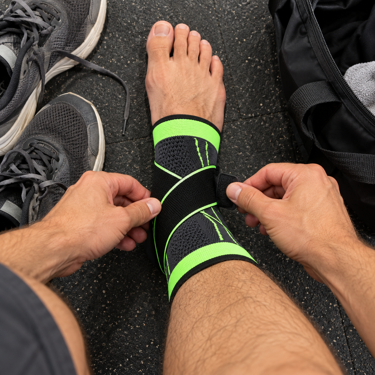 Fastening the hook-and-loop tab of the green Corestride ankle sleeve at the gym