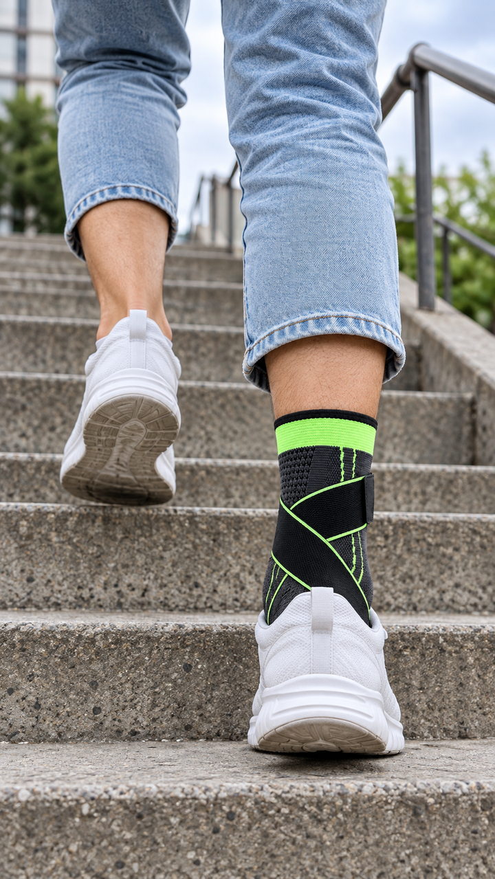 Green Corestride ankle sleeve worn with cropped jeans and sneakers walking up city steps
