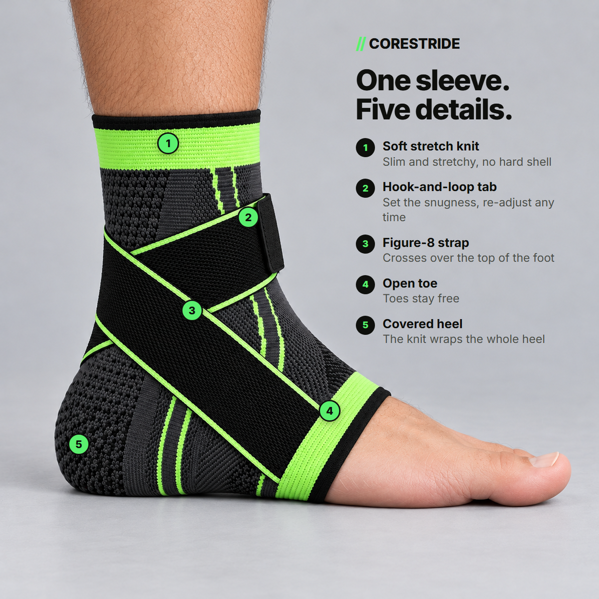 Corestride ankle sleeve details: soft stretch knit, hook-and-loop tab, figure-8 strap, open toe, covered heel