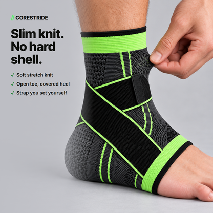 Pinching the thin stretch knit of the Corestride ankle sleeve: slim knit, no hard shell